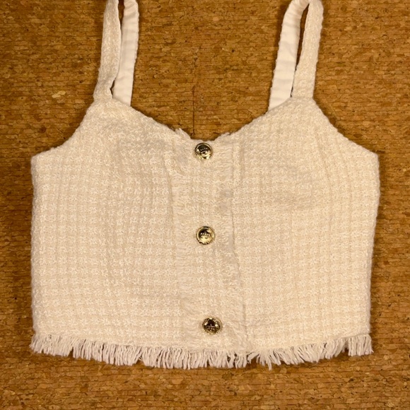 Walter Baker Aria Tweed Preppy Crop Top White Gold Fringe Button Tank NWT M - Picture 5 of 12